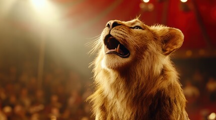 A young lion roars under a spotlight in a colorful, crowded circus environment.