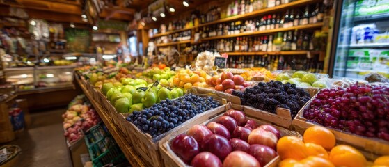 Obraz premium Vibrant Fresh Fruits Displayed in a Cozy Marketplace Grocery Store