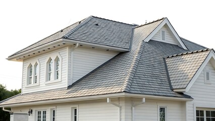 Elegant Home Exterior Grey Shingle Roof White Siding Architectural Design