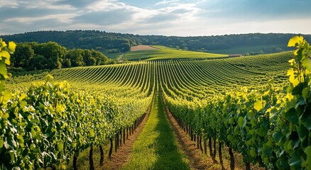 Panoramic View of French Vineyards with Lush Green Grapevines and Rolling Hills Under Bright Summer Sunlight