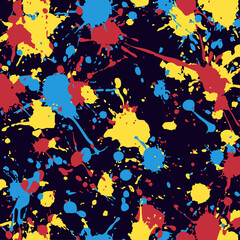 Paint splatter pattern with vibrant primary colors on a dark background. Abstract red, yellow, and blue ink splashes create a fun, energetic design for parties or textiles.
