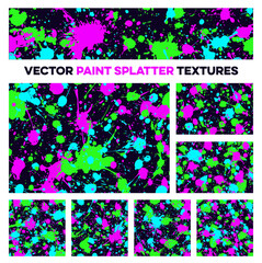 Set of seamless vector paint splatter textures. Abstract backgrounds with vibrant, colorful neon ink splashes in pink, green, and blue on a dark backdrop.