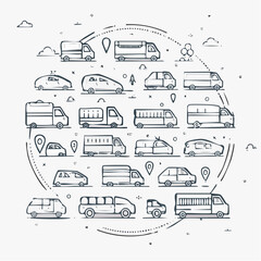 A detailed illustrative collection of various transportation vehicles arranged in a circular formation with black outlines on a white background.