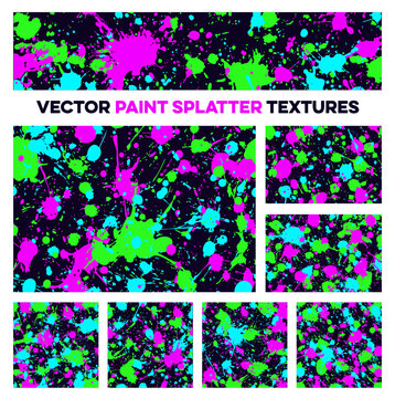 Set of seamless vector paint splatter textures. Abstract backgrounds with vibrant, colorful neon ink splashes in pink, green, and blue on a dark backdrop.