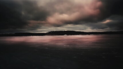 Ominous sky over frozen lake landscape