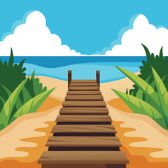 A Wooden Pathway With Stairs Leading Down To A Bea