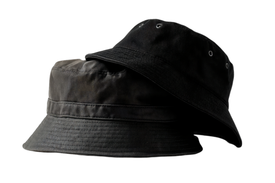 Two dark-colored bucket hats layered, against a black background