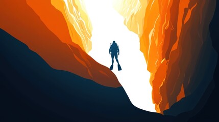 A diver silhouetted against a bright light at the end of a narrow underwater canyon, with orange and blue tones dominating the rocky walls