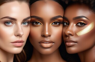 Three Young women. Different shades of skin for advertising foundations. Close-up of faces. Models for a cosmetic brand.