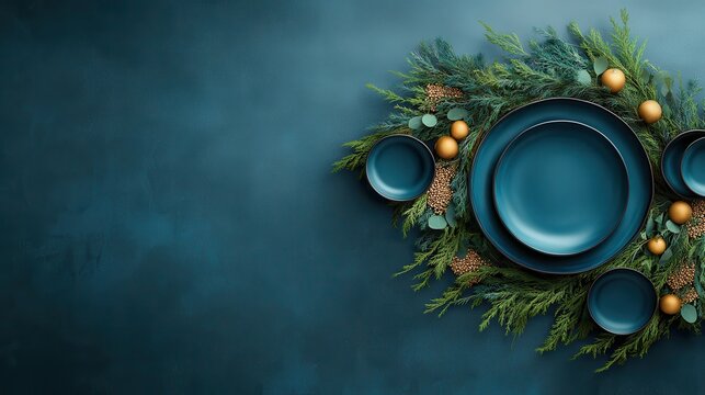 Elegant blue dinnerware with festive greenery and gold ornaments on a dark textured background.