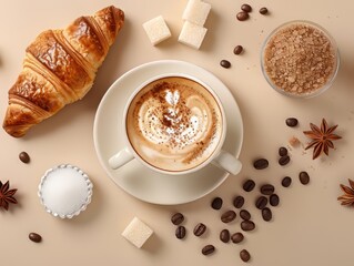 Croissants and coffee with sugar cubes