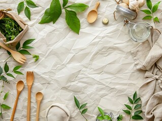 Natural kitchen scene with herbs and wooden tools