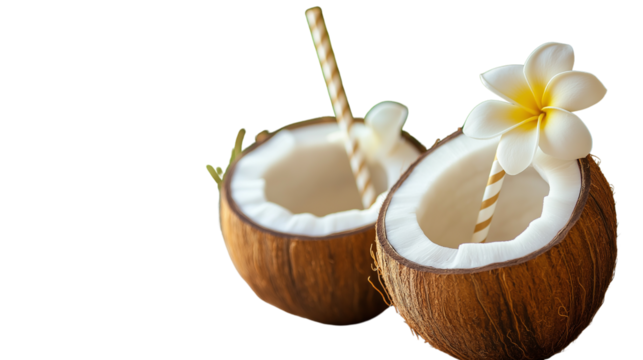 Coconut water in halved coconut with paper straw and plumeria flower