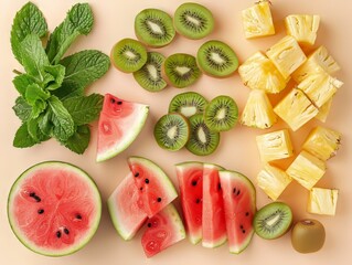 Tropical fruit slices flat lay
