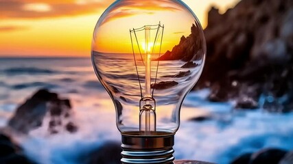 Light bulb with reflected sunset ocean, warm and symbolic, representing bright ideas, innovation, and eco-friendly energy. - Powered by Adobe