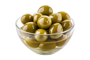 green olives in a glass bowl isolated on transparent background
