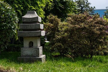 Japanese Zen Garden in Batumi. Asian Monument. Japanese garden stone lamp