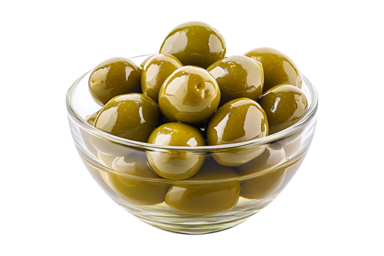 green olives in a glass bowl isolated on transparent background - Powered by Adobe