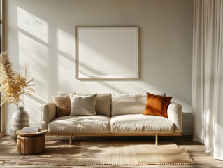 Modern beige sofa with pillows in cozy minimalist interior