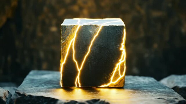 A glowing cube with electric lightning patterns sits on a stone surface in a dark environment