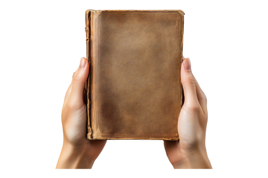 Hands holding closed book isolated on transparent background