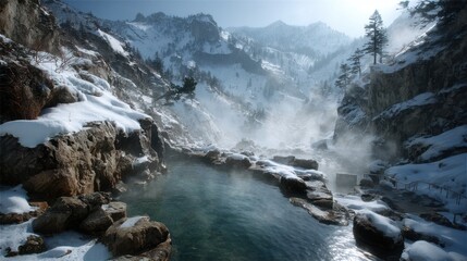 A steaming hot spring surrounded by snow-covered rocks, mist rising into the cold mountain air in a serene contrast.