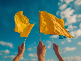 Hands raising yellow flags against blue sky