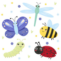 Cute Cartoon Insects Butterfly, Ladybug, Bee, Caterpillar and Dragonfly for Kids and Fun Designs
