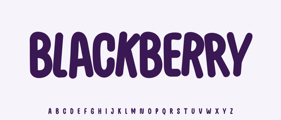 Fototapeta premium Summer Blackberry lettering, cartoon joyful colored alphabet, rounded playful font for bright fresh product headline, friendly logo. Childish typographic design. Packaging typography. Vector typeset