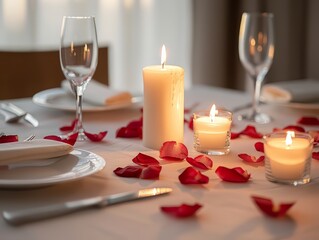 Romantic Dinner Table with Candles and Rose Petals