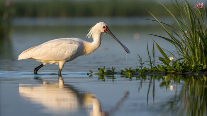 A eurasian spoonbill with a distinctive long bill foraging in a tranquil wetland setting the bird's white plumage reflects in the calm waters amidst aquatic plants