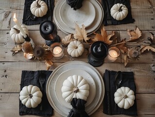 Autumn Table Setting with White Pumpkins and Black Cutlery