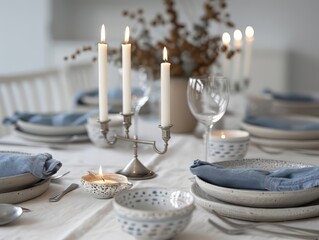 Elegant Winter Table Setting with Blue Accents and Candles