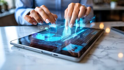 Photo of a woman interacts with holographic financial data projected from her tablet, analyzing charts and graphs in a modern office setting