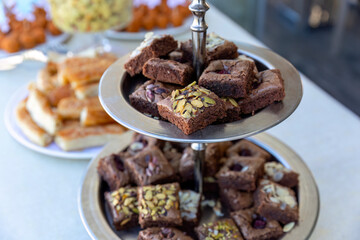 Outdoor catering buffet with a variety of food snacks and appetizers