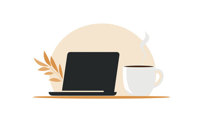 Minimalist office desk with laptop and coffee cup in soft colors  