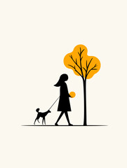 Woman walking dog in autumn park with yellow tree