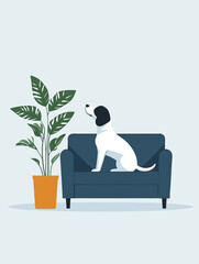 Playful dog sitting on blue sofa next to green potted plant  