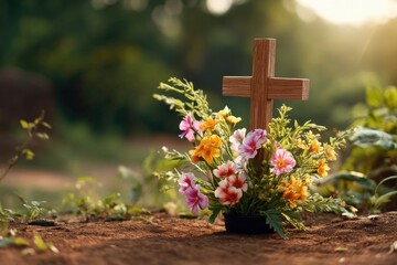A wooden cross with colorful flowers stands on a sunlit grave, symbolizing remembrance and peace in a natural outdoor setting.