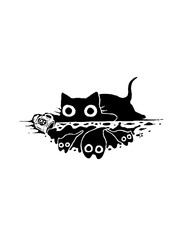 Curious black cat peeking from hole with soda can, quirky art