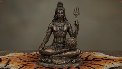 Bronze statue of a Hindu warrior deity meditating on a tiger skin.