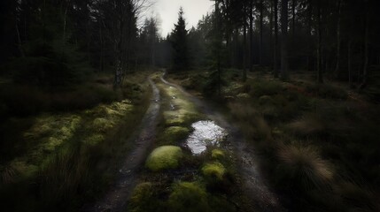 Gloomy forest path with standing water