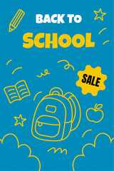 Vector back to school banner in linear doodle style with yellow outline icons and bold lettering. Includes backpack, apple, stars, and sale label on a blue background. 