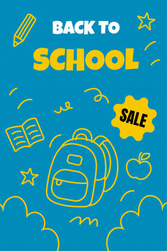 Vector back to school banner in linear doodle style with yellow outline icons and bold lettering. Includes backpack, apple, stars, and sale label on a blue background. 