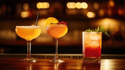 Three elegant cocktails on a wooden bar counter with a blurred warm light background. Generative Ai