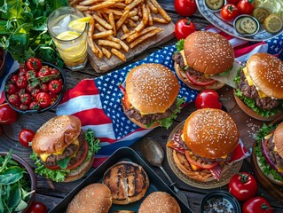 Outdoor Picnic with Burgers and American Decor