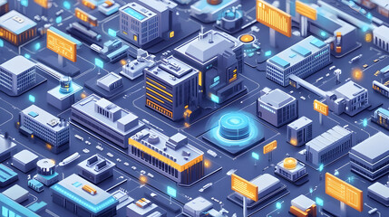 Obraz premium Isometric blueprint of a connected smart city with glowing digital elements