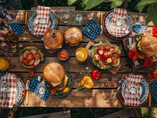 Outdoor BBQ Picnic with Burgers and Fries