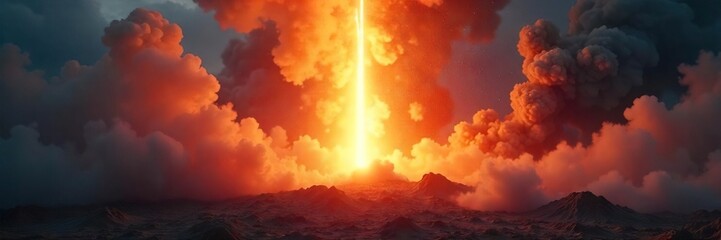 A single, powerful beam of light erupts from a central point, illuminating swirling dust and smoke, creating a dynamic and vibrant scene of revolutionary energy and change , change, smoke, fiery