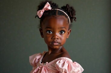 Little Black girl ballerina in pink ballet dress. African American Beautiful girl dancing ballet. Professional dancer. Advertising of dance master class. Diversity and Inclusivity in ballet.